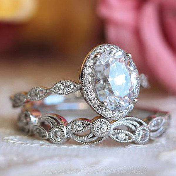 Vintage Art Deco Oval Cut Women's Wedding Ring Set In Sterling Silver ...