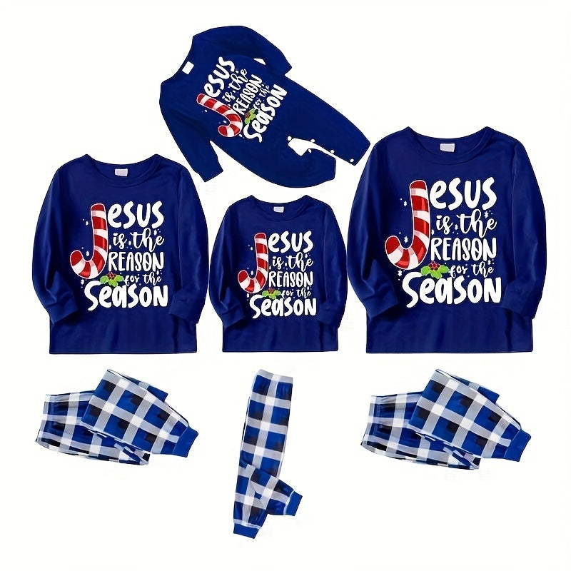 2pcs PJ Party Cozy Fabric Flame Resistant Blue & White Plaid Long Sleeve Sets Machine Washable Letter Print Crew Neck Pullover Plaid Splice Pants with Pocket Perfect for Holiday Photos & PJ Parties Family Matching Christmas Pajamas Set