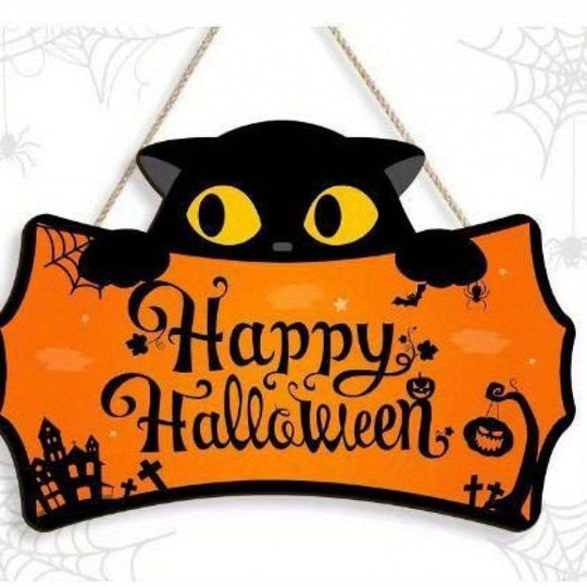 Halloween Wooden Bat Door Hanger with Witch Hat and Black Cat Decor