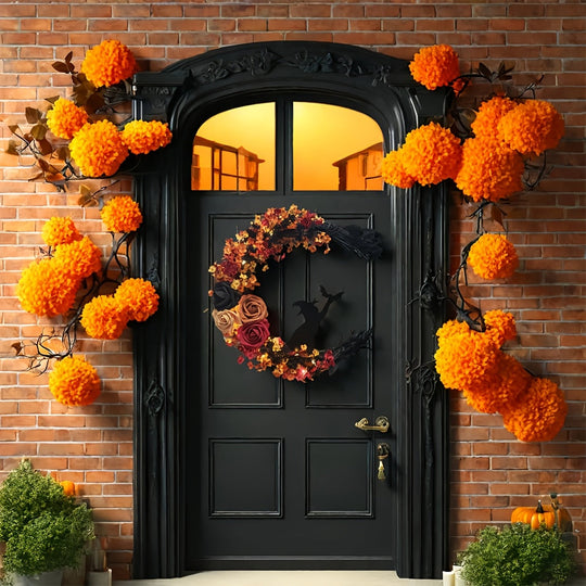 Gothic Halloween Door Wreath with Witch Cat Moon and Autumn Leaves