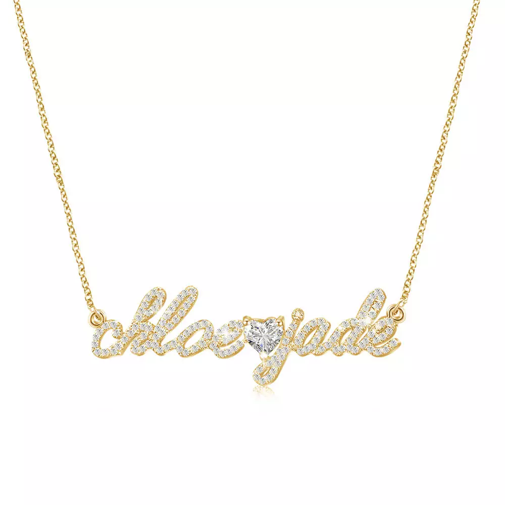 Custom Diamond 2 Names Necklace with Diamond Heart