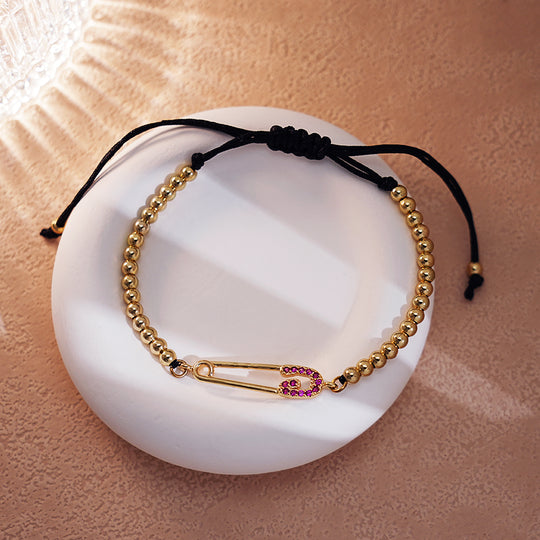 Purple Diamond Paperclip Link Bracelet with Gold Beads