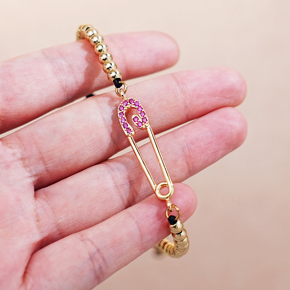 Purple Diamond Paperclip Link Bracelet with Gold Beads