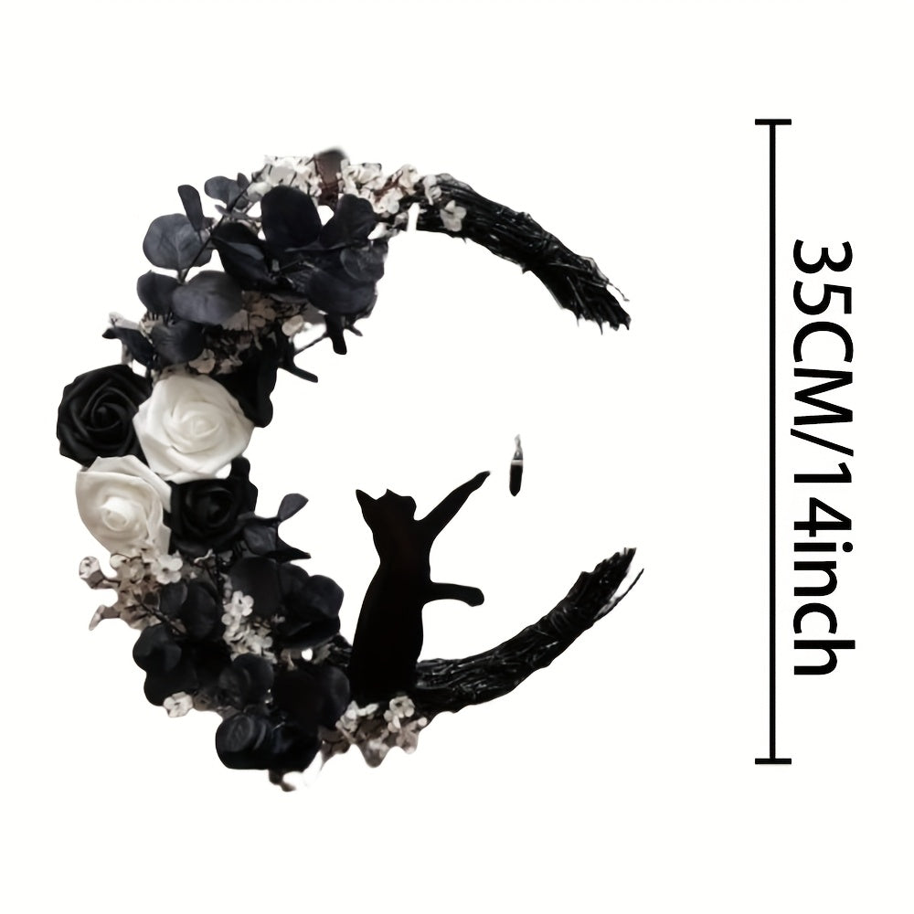 Halloween Cat and Moon Door Wreath with Real Floral Accents, Outdoor Durable