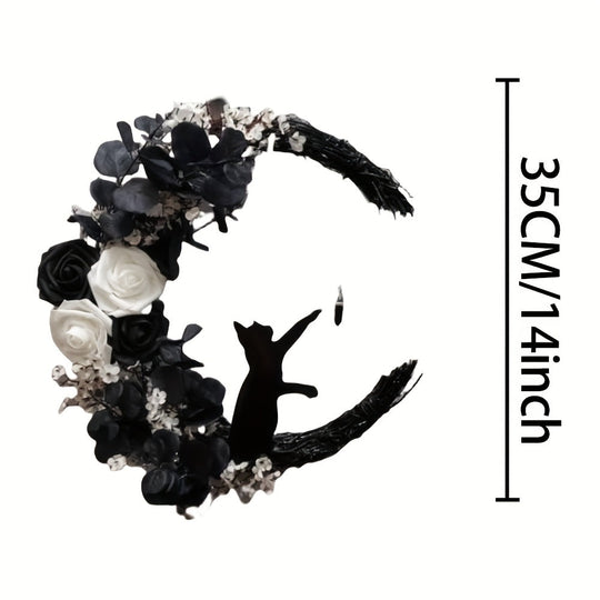 Halloween Cat and Moon Door Wreath with Real Floral Accents, Outdoor Durable