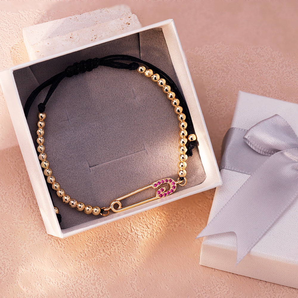 Purple Diamond Paperclip Link Bracelet with Gold Beads