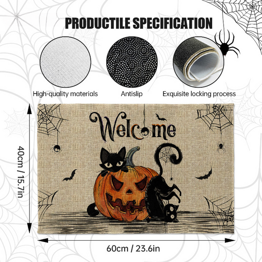 Halloween Welcome Doormat – Outdoor Rug with Pumpkin & Cat Design – Farmhouse Style Front Door Mat for Porch, RV, or Fall Décor