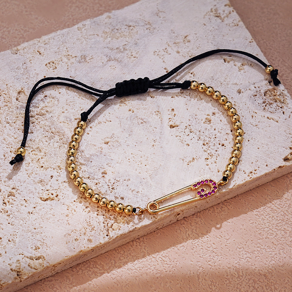 Purple Diamond Paperclip Link Bracelet with Gold Beads