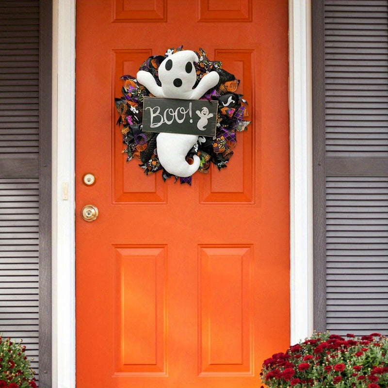 Halloween Felt Ghost Door Wreath Battery-Free Spooky Wall Decor