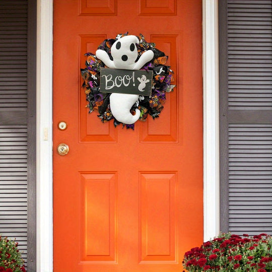 Halloween Felt Ghost Door Wreath Battery-Free Spooky Wall Decor