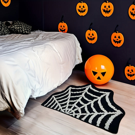 Halloween Spider Web Floor Mat for Entryway – Soft, Machine Washable Polyester