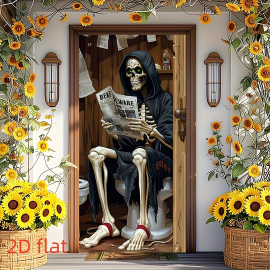 Halloween Outdoor Door Banner with Spooky Skeleton and Jack-O'-Lanterns