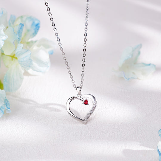 Personalized Heart-Shaped Birthstone Necklace - Custom Name/Date Option