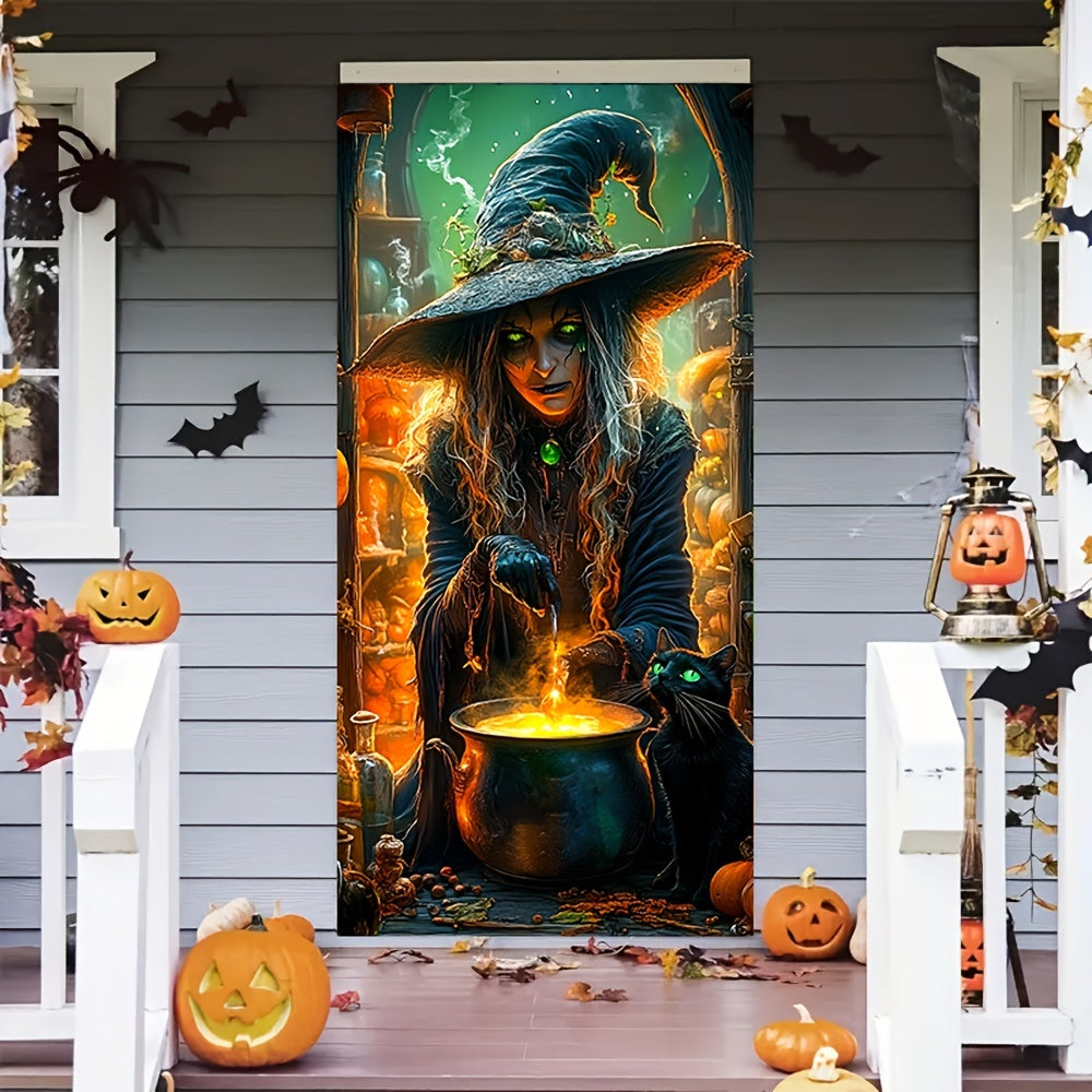 Halloween Witch and Cat Door Cover - Durable Vinyl Indoor Decor Backdrop