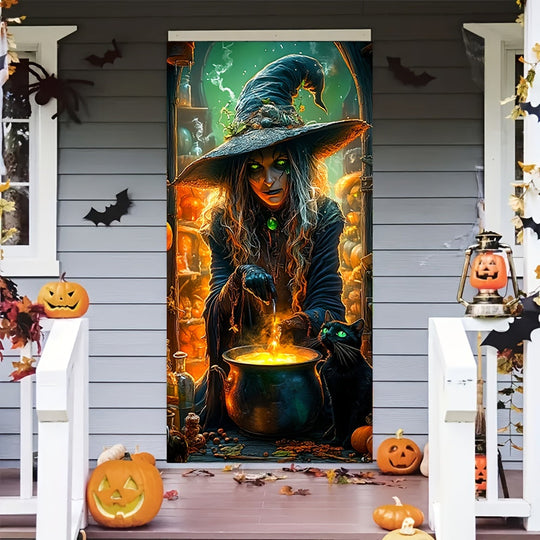 Halloween Witch and Cat Door Cover - Durable Vinyl Indoor Decor Backdrop