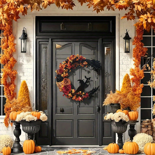Gothic Halloween Door Wreath with Witch Cat Moon and Autumn Leaves