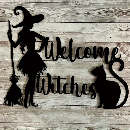 Acrylic Witch and Cat Halloween Welcome Sign – Classic No-Power Door Decor