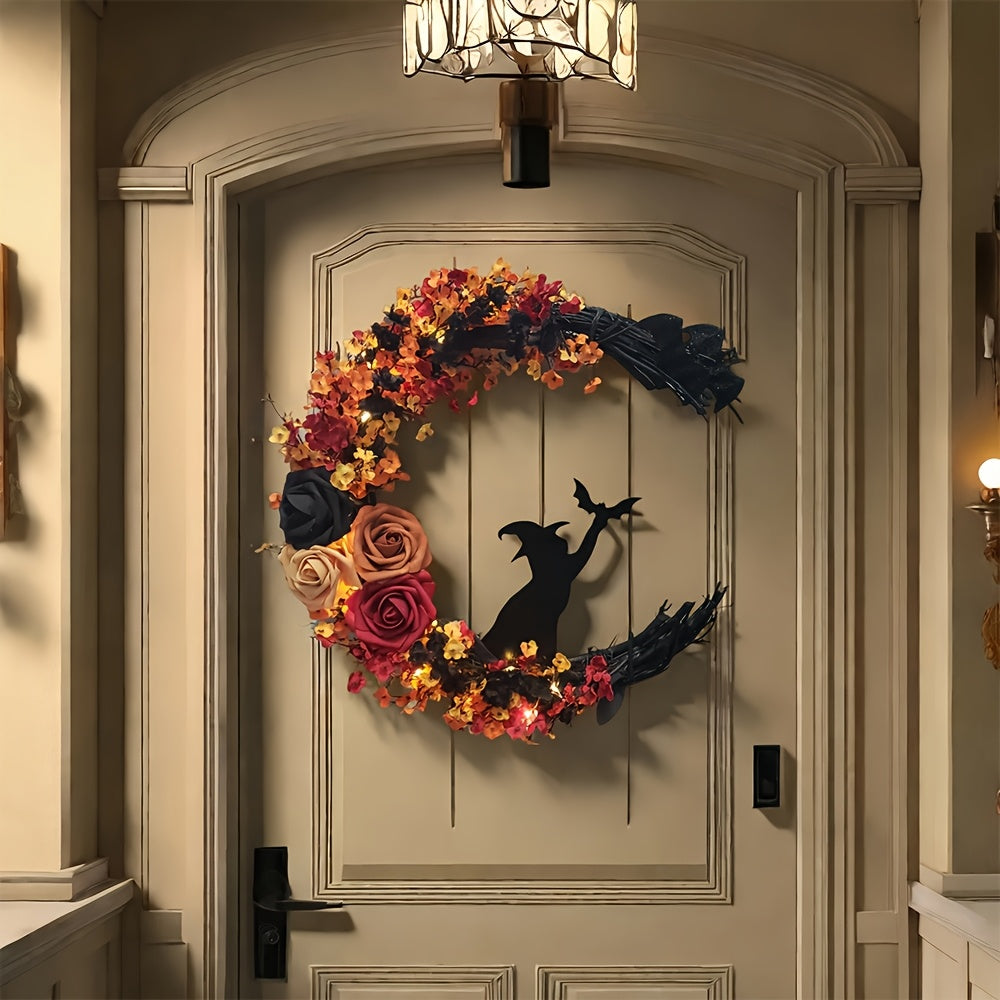Gothic Halloween Door Wreath with Witch Cat Moon and Autumn Leaves