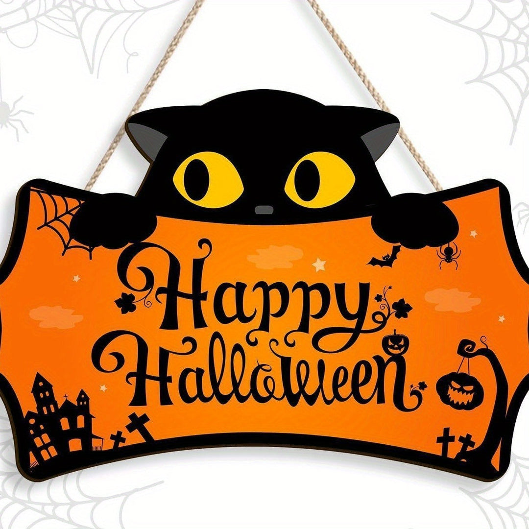 Halloween Wooden Bat Door Hanger with Witch Hat and Black Cat Decor