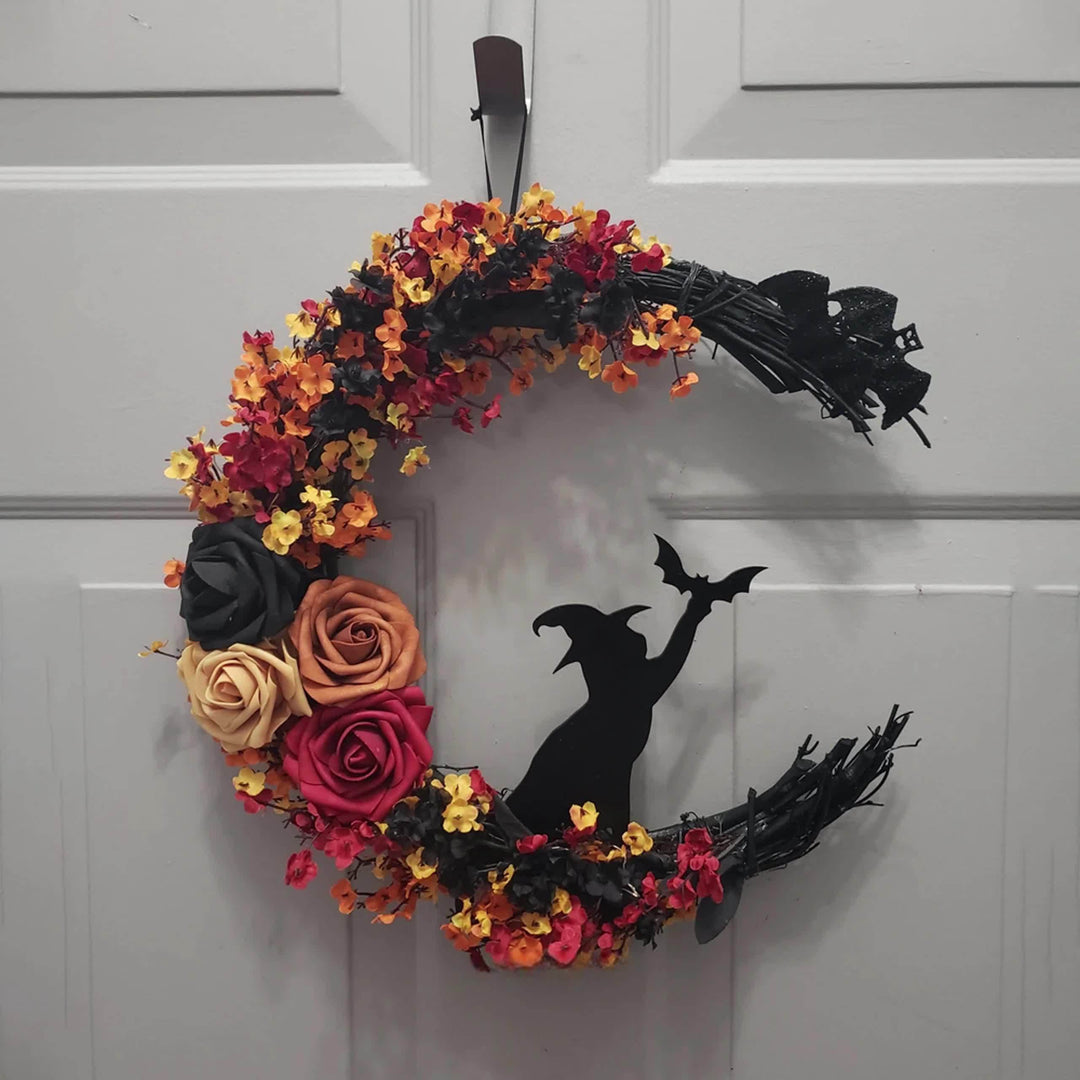 Gothic Halloween Door Wreath with Witch Cat Moon and Autumn Leaves