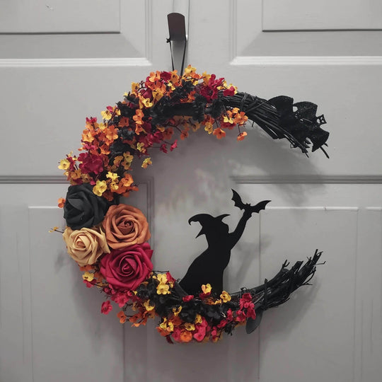 Gothic Halloween Door Wreath with Witch Cat Moon and Autumn Leaves