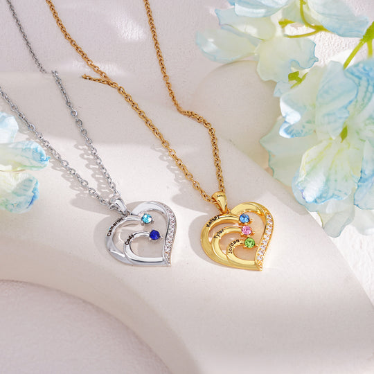 Personalized Heart-Shaped Birthstone Necklace - Custom Name/Date Option