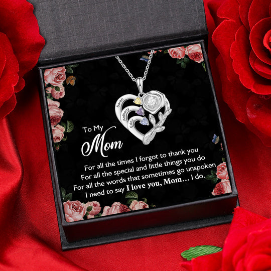 Mother's Day Gift Personalized Rose Heart Necklace with Birthstones and Names