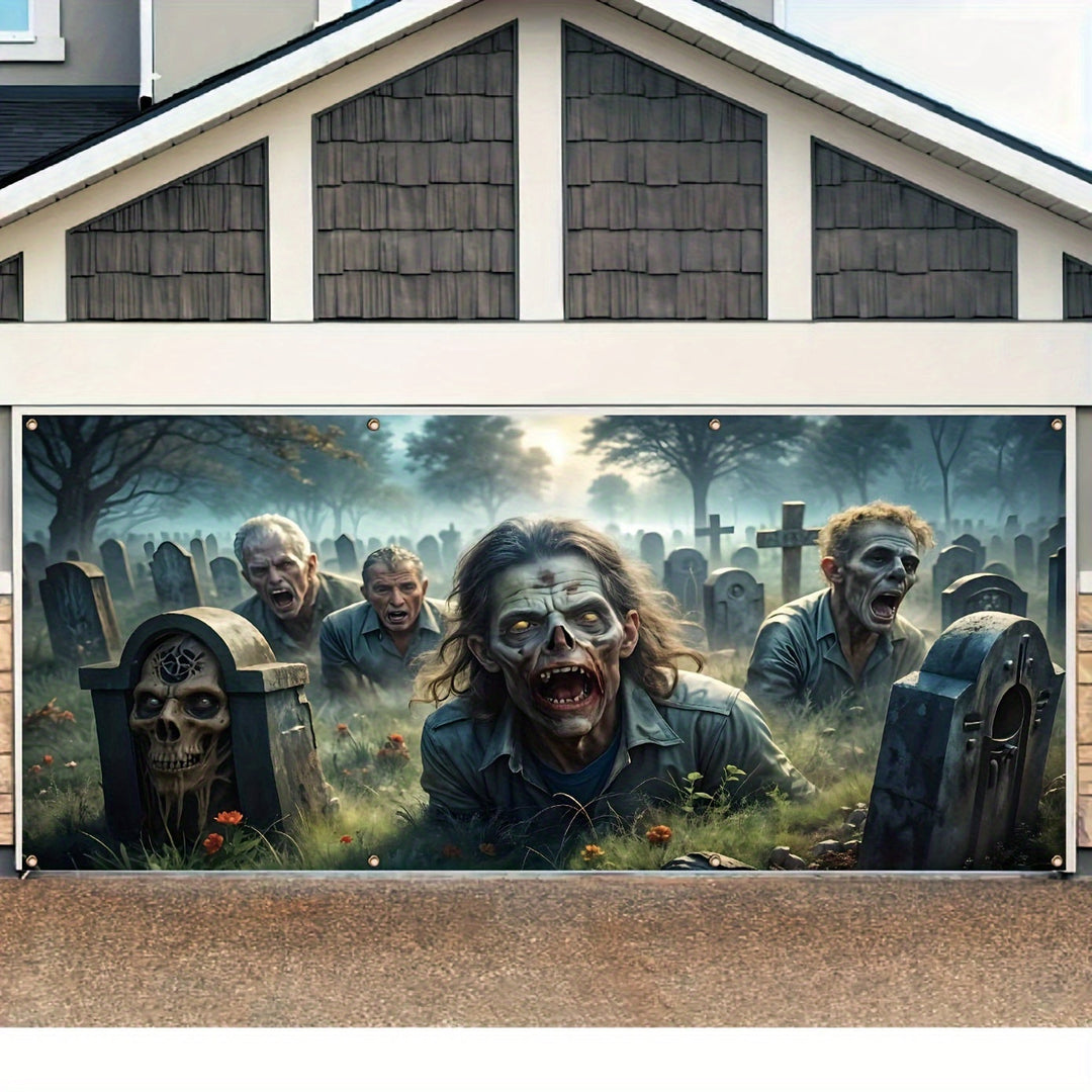 Large Halloween Zombie Graveyard Garage Door Banner Fade-Resistant Polyester