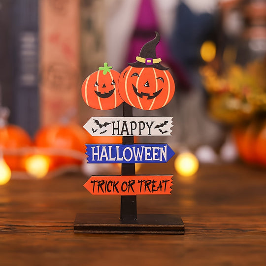 Halloween Wooden Table Centerpiece with Pumpkin and Skeleton Design