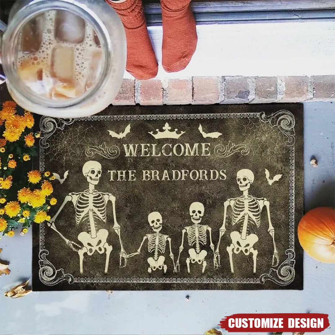 Halloween Skeleton Family Doormat with Plush Velour and Non-Slip Backing