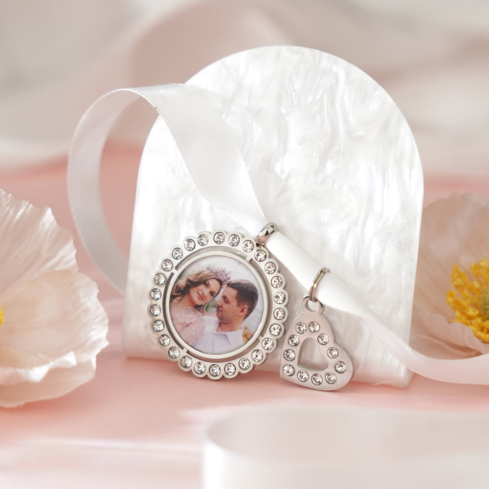 Engagement Gift Bouquet Pendant Photo Heart Keychain