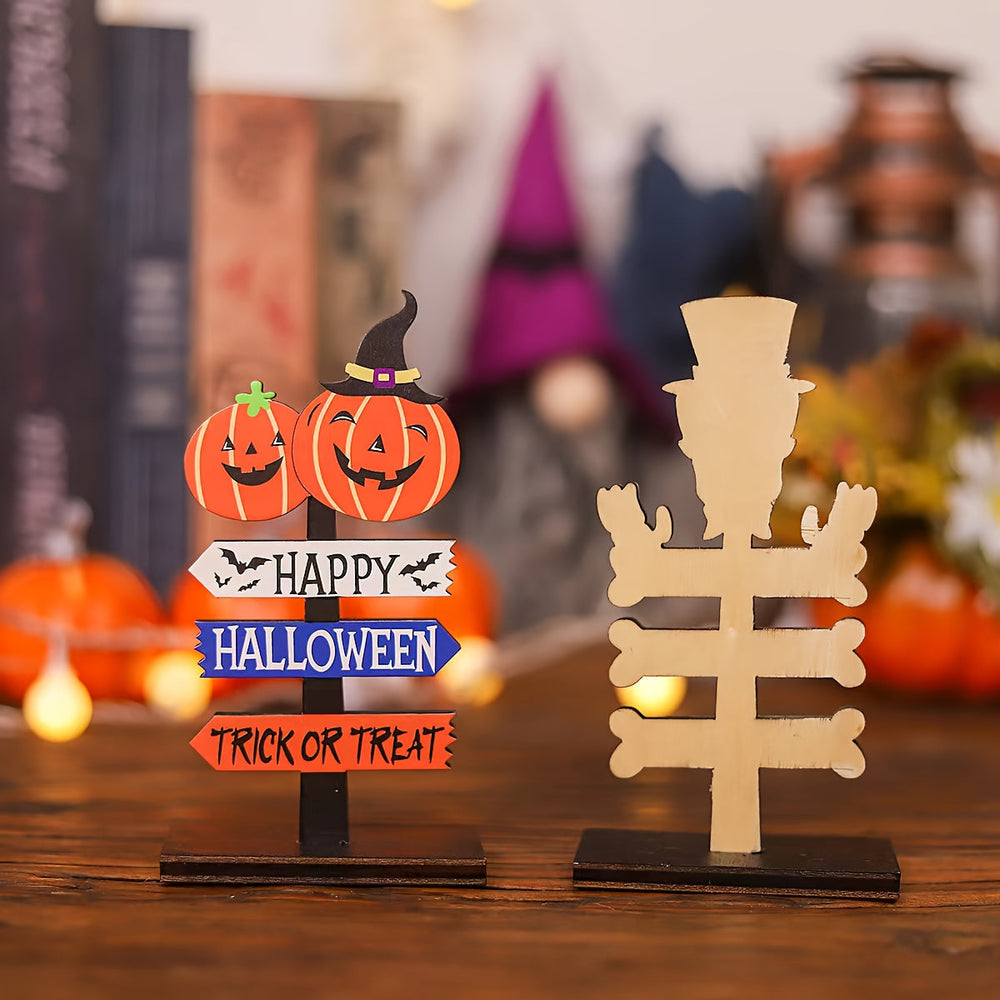 Halloween Wooden Table Centerpiece with Pumpkin and Skeleton Design
