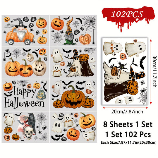102-Piece Reusable Halloween Window Stickers with Pumpkin & Bat Designs