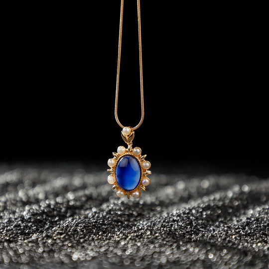 Sapphire Moonstone Gemstone Necklace with Pearl Accent