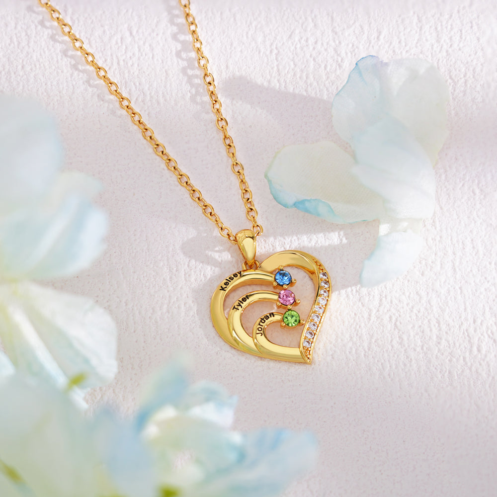 Personalized Heart-Shaped Birthstone Necklace - Custom Name/Date Option