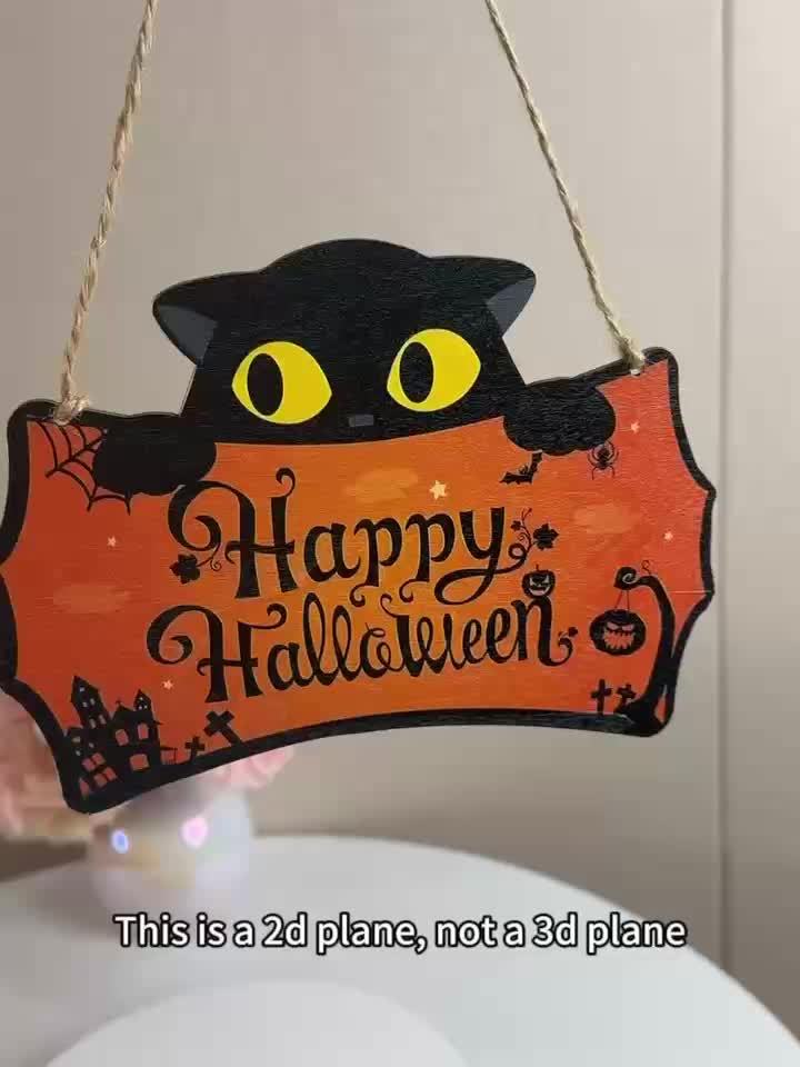 Halloween Wooden Bat Door Hanger with Witch Hat and Black Cat Decor