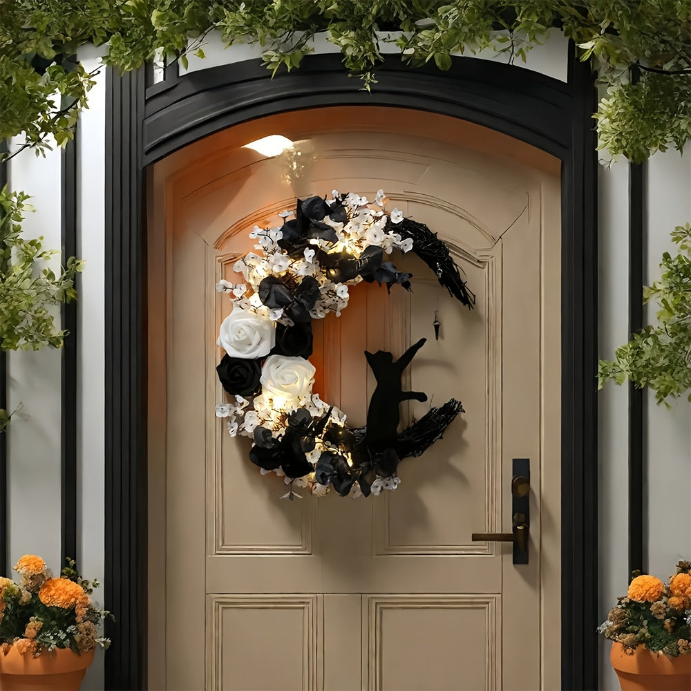 Halloween Cat and Moon Door Wreath with Real Floral Accents, Outdoor Durable