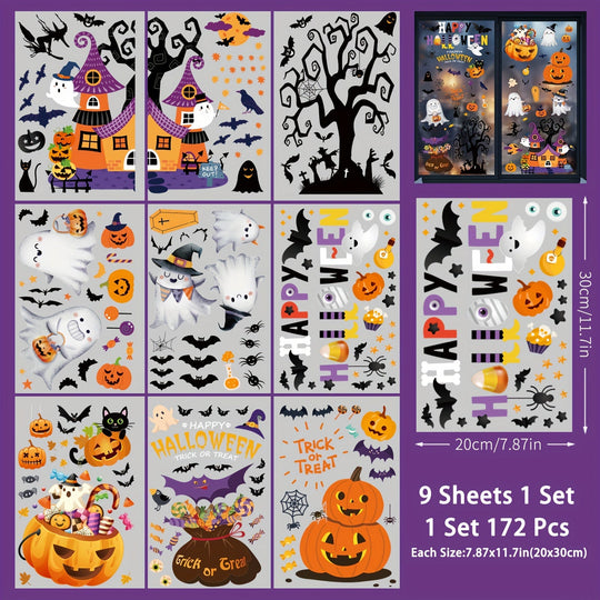 Reusable Halloween Window Clings - Spooky Bats & Pumpkin Decorations - 172 pcs