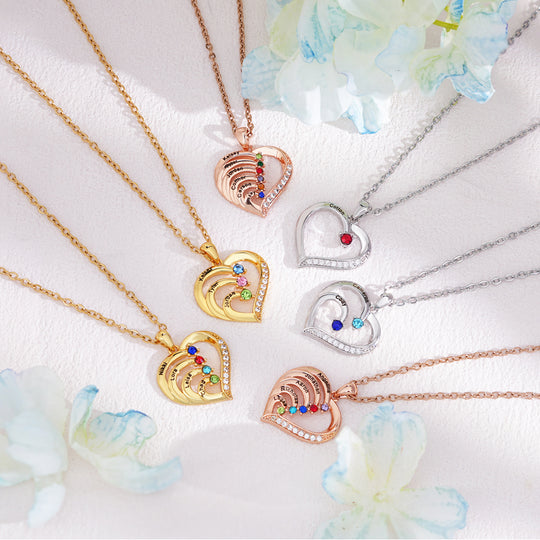 Personalized Heart-Shaped Birthstone Necklace - Custom Name/Date Option