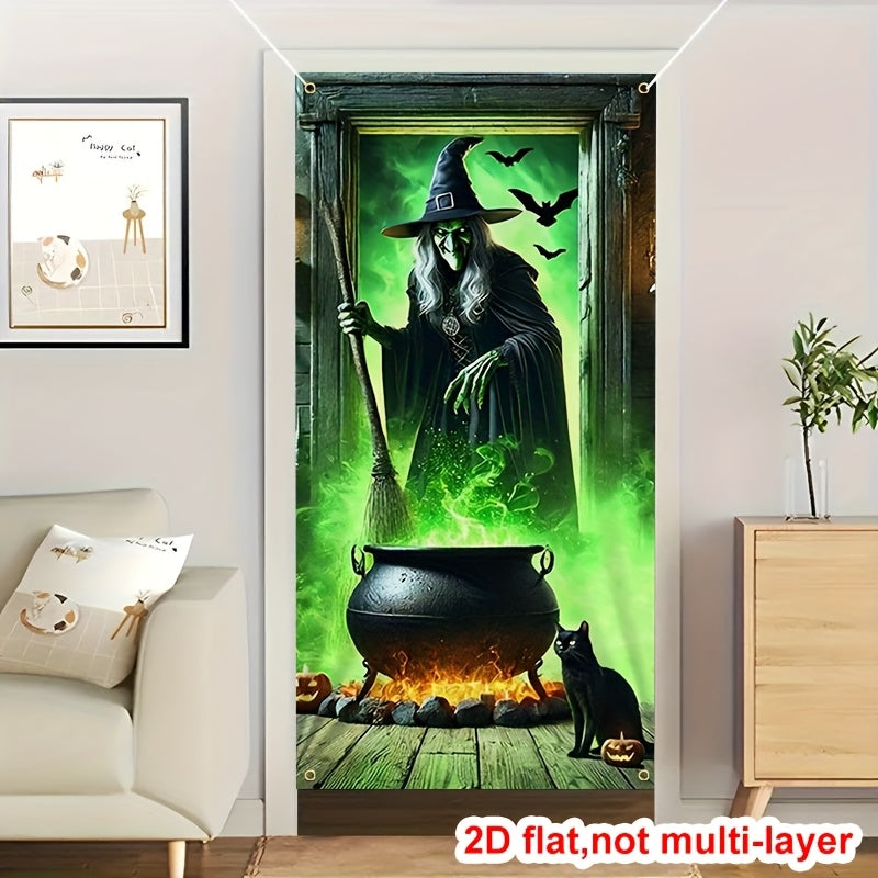 Glow-in-the-Dark Halloween Door Banner with Witch and Cat Design