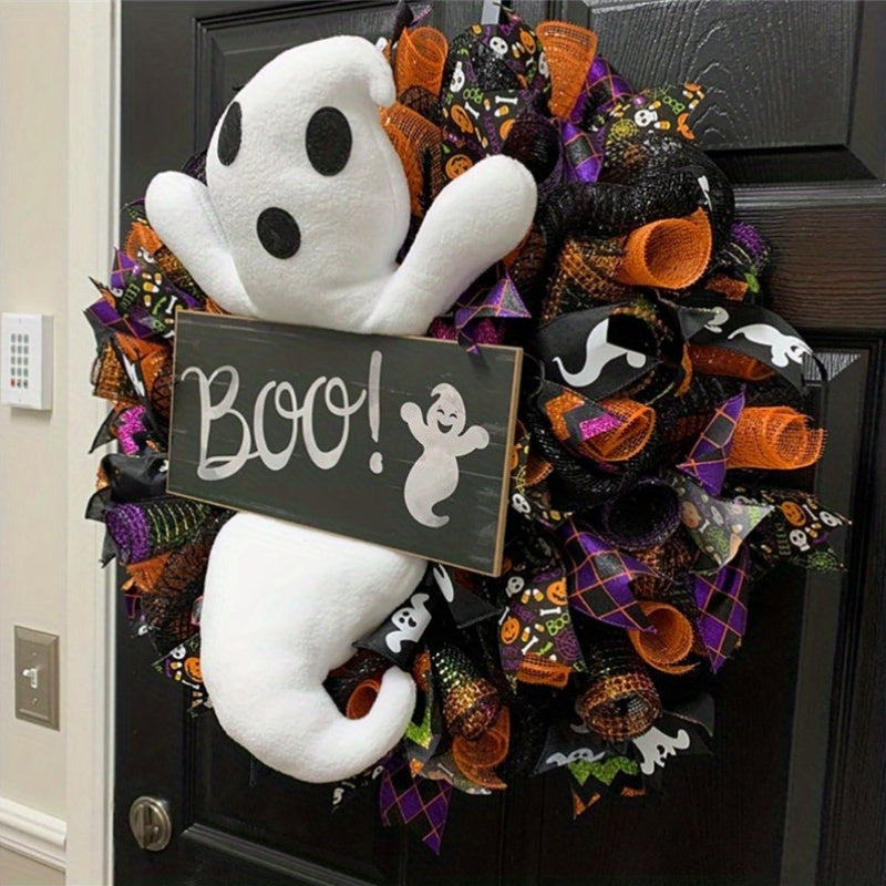 Halloween Felt Ghost Door Wreath Battery-Free Spooky Wall Decor