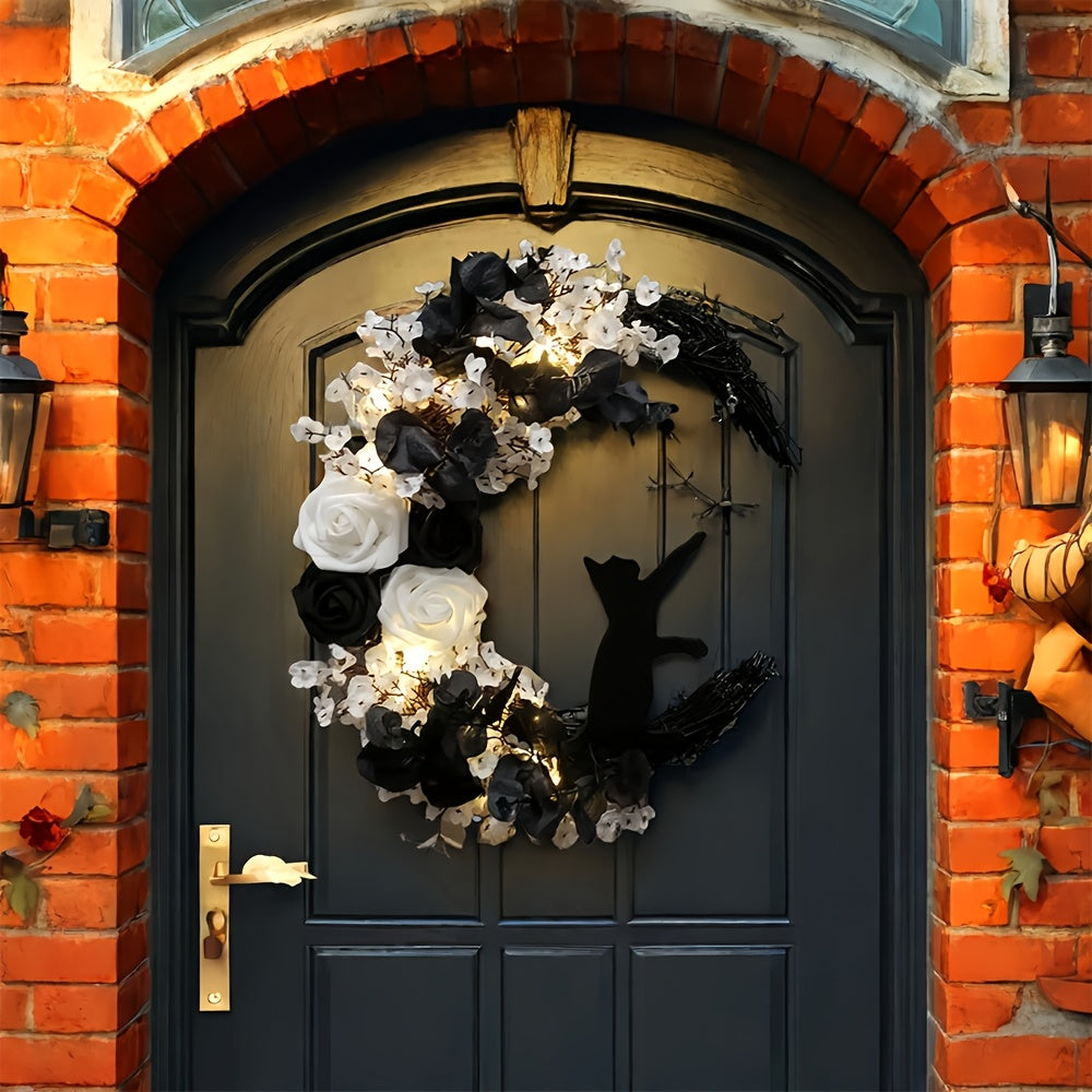Halloween Cat and Moon Door Wreath with Real Floral Accents, Outdoor Durable