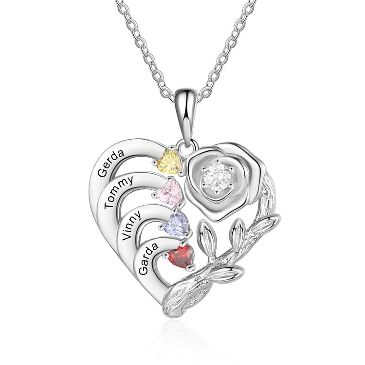 Mother's Day Gift Personalized Rose Heart Necklace with Birthstones and Names