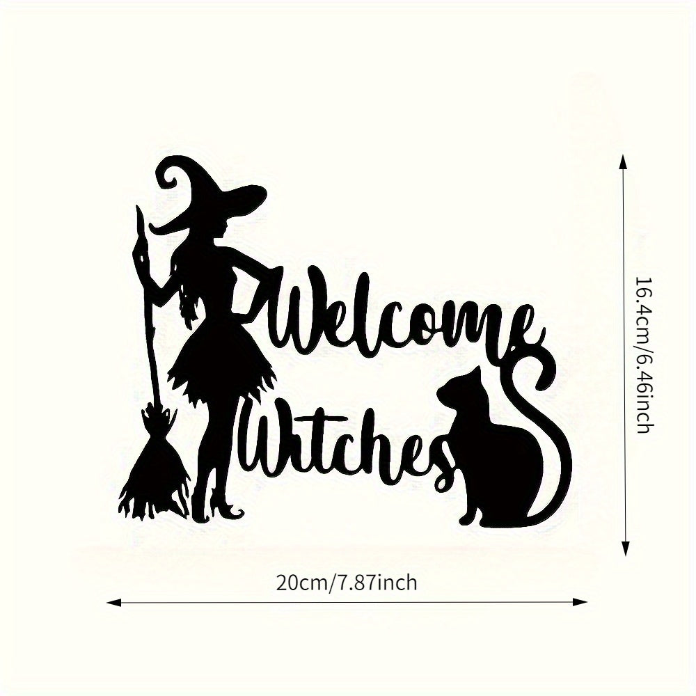 Acrylic Witch and Cat Halloween Welcome Sign – Classic No-Power Door Decor