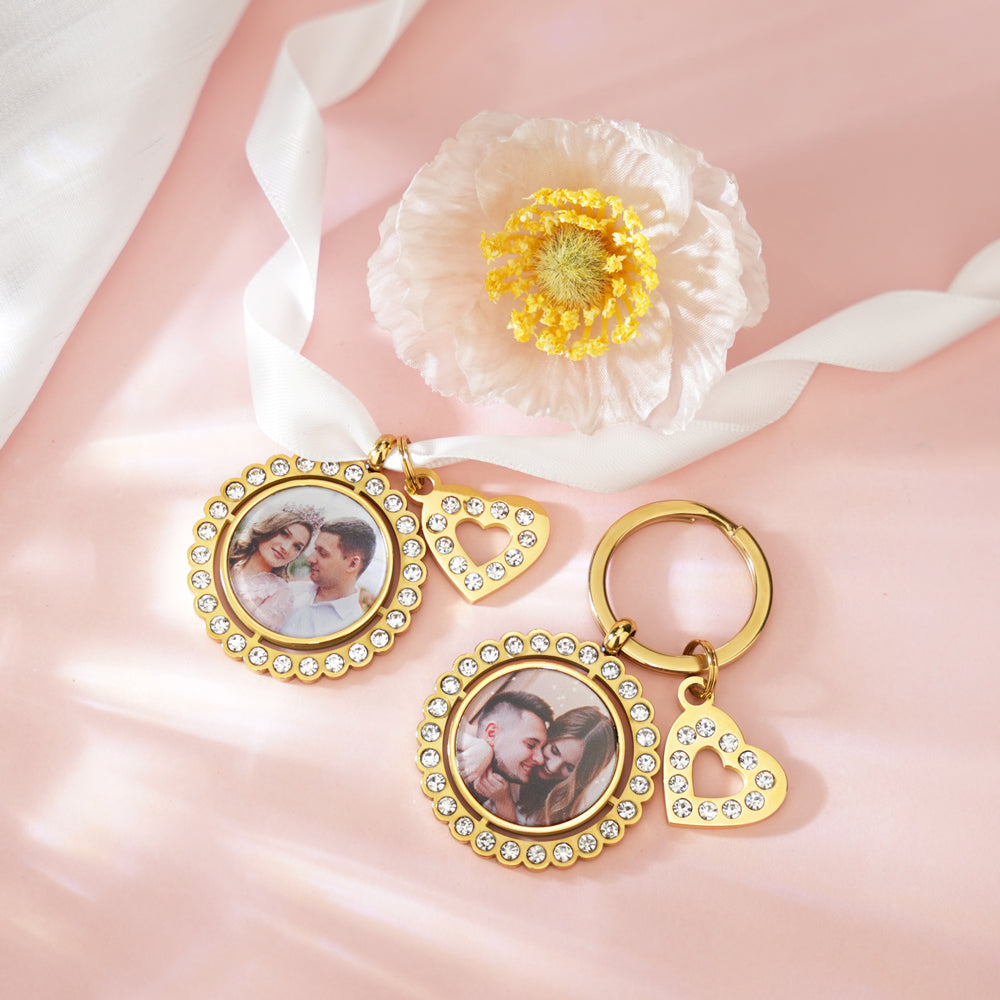 Engagement Gift Bouquet Pendant Photo Heart Keychain