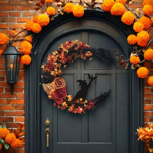 Gothic Halloween Door Wreath with Witch Cat Moon and Autumn Leaves