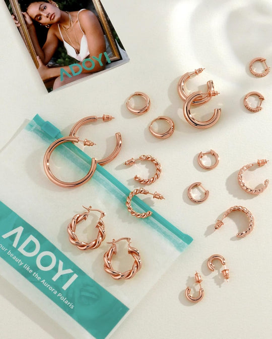 Adoyi 9 Pairs Gold Hoop Earrings Set for Womens Twisted Huggie Hoops Earrings 14K 18K Gold Plated for Girls Valentines Mother's Day Birthday Gifts Lightweight