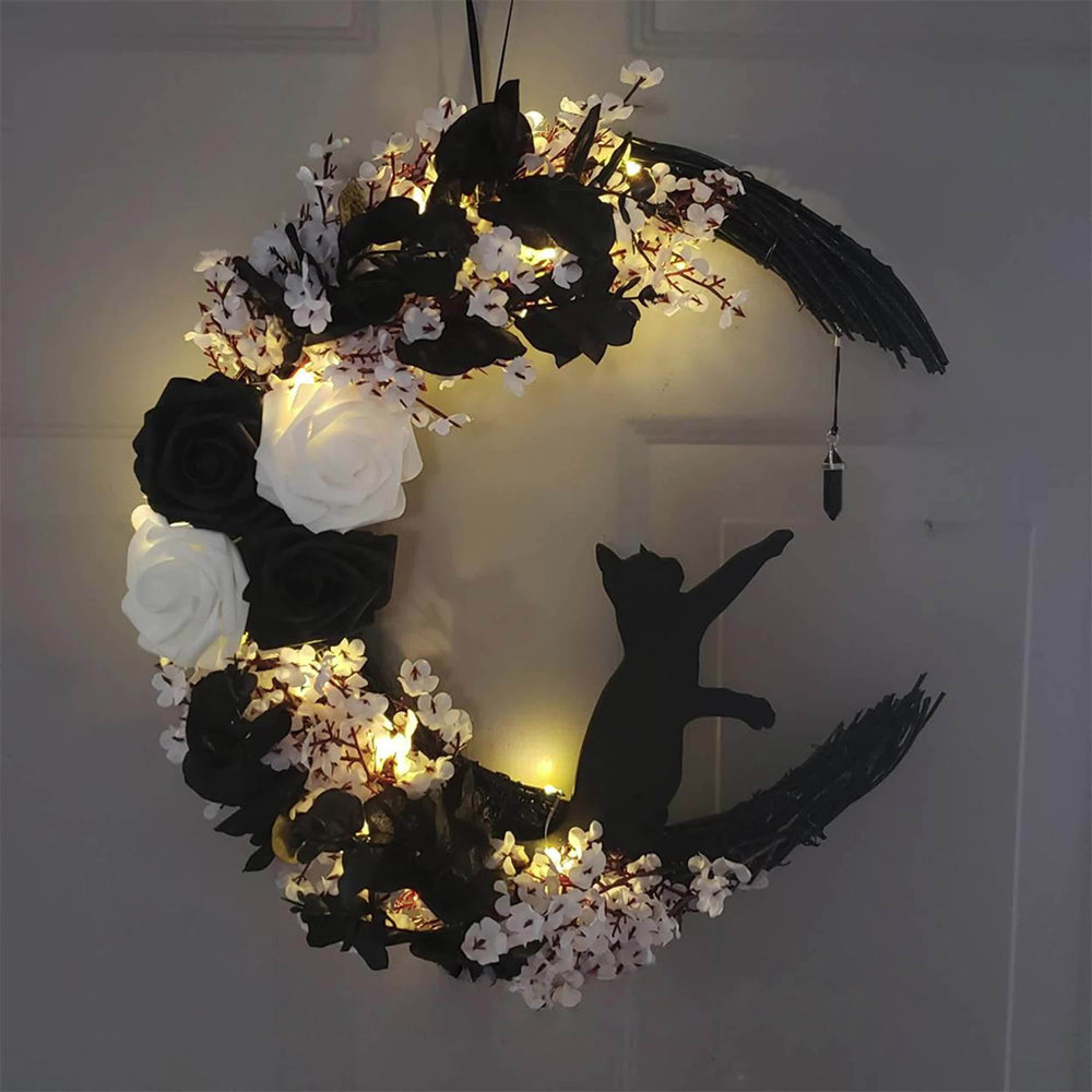 Halloween Cat and Moon Door Wreath with Real Floral Accents, Outdoor Durable