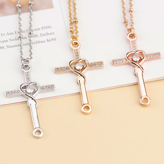 Love Crystal Heart Cross Necklace