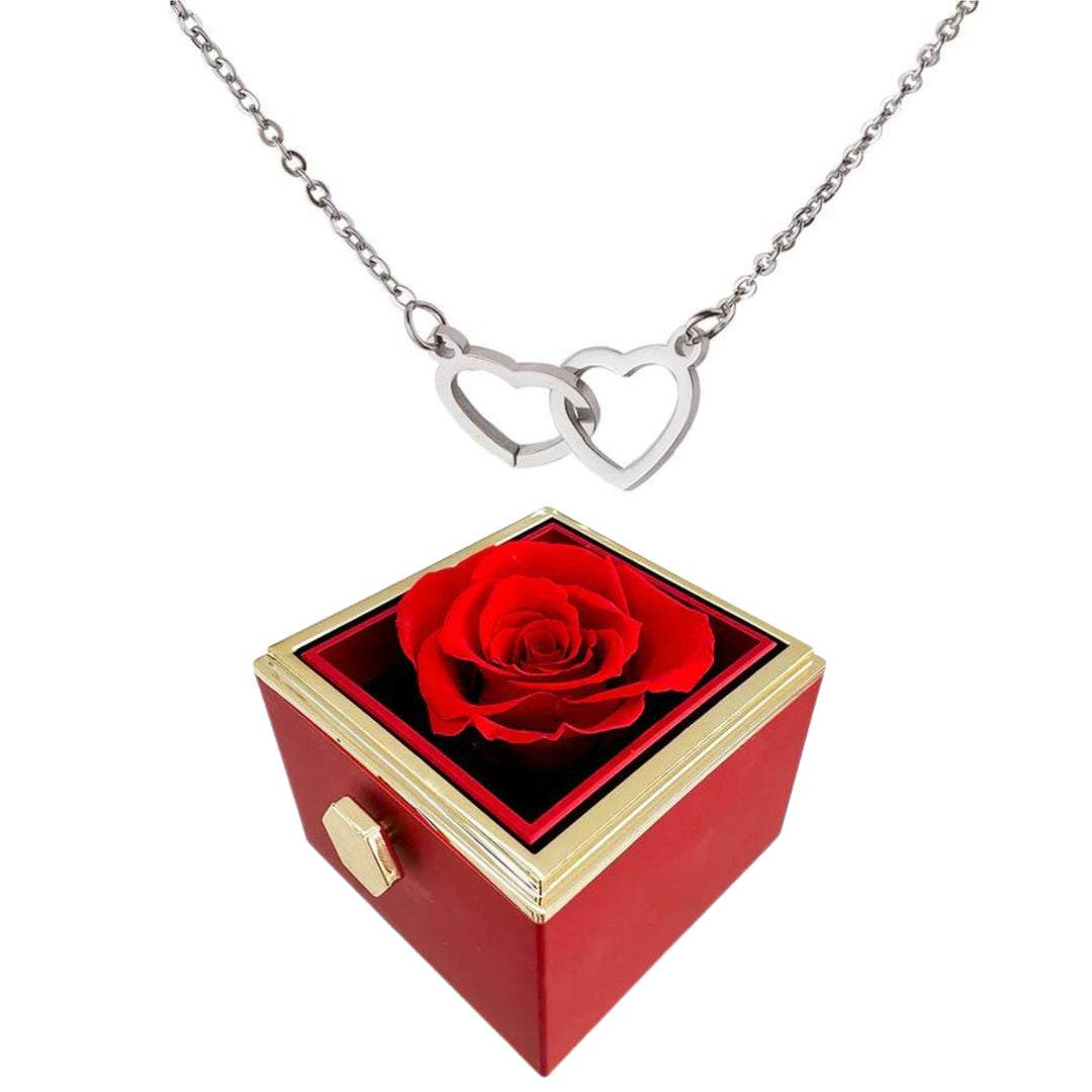 Eternally Preserved Rotating Rose Box-Engraved Heart Necklace